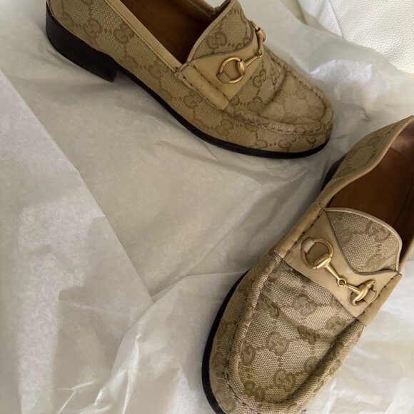 VINTAGE GUCCI GG Canvas web Taupe Horsebit Loafer - Picture 3 of 6